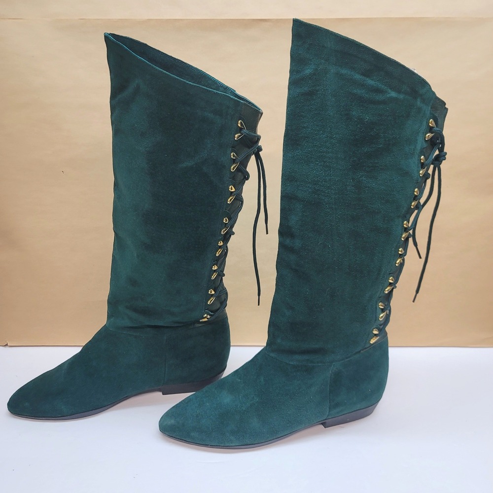 Clicks Womens Size 9B Dark Green Suede Tall Lace Up Back Boots Pointed Toe Flat